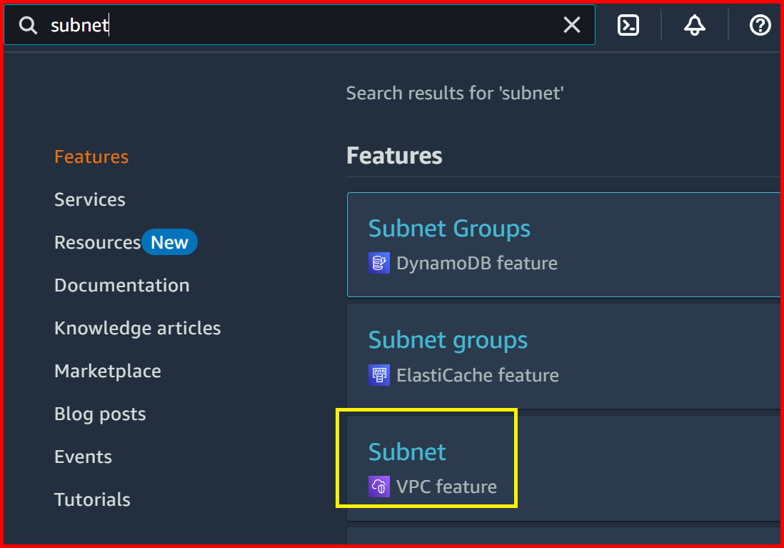 Picture showing the Subnet services in the search result